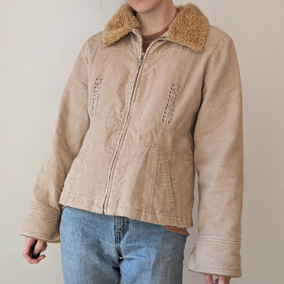 Vintage y2k Corduroy Faux Fur Trim Jacket with Lace-Up Detail - Picture 2 of 5